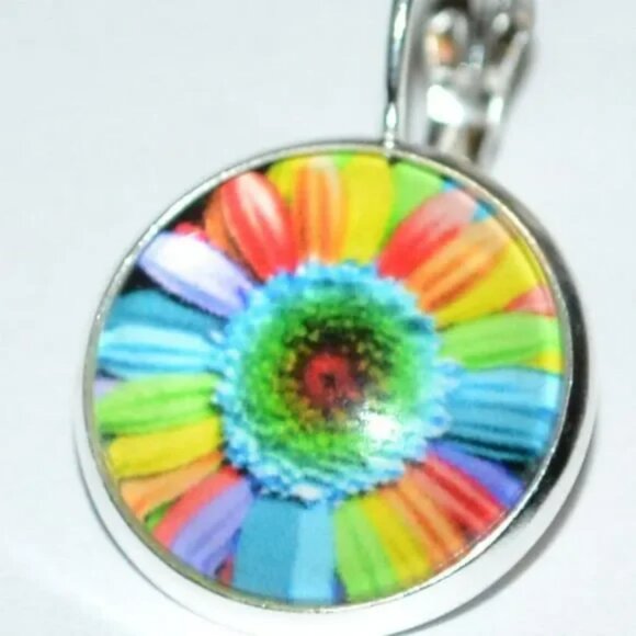 NEW Silver Rainbow LGBTQ 60s Pride Flower Festival Hippie Cabochon Drop Earrings - Picture 3 of 4